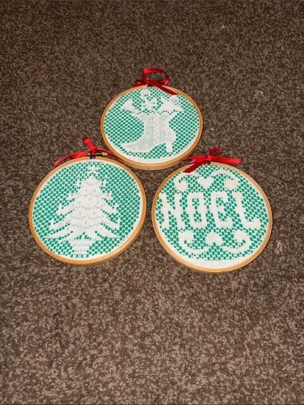 Green and White Holiday Cross-Stitch Ornaments Set (3)